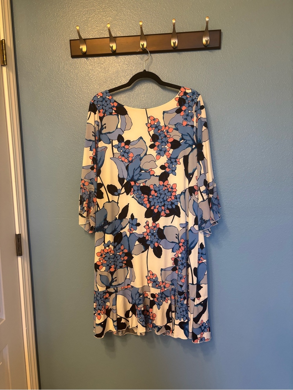 Ivanka Trump Blue and White Floral Long-Sleeve Shift Dress